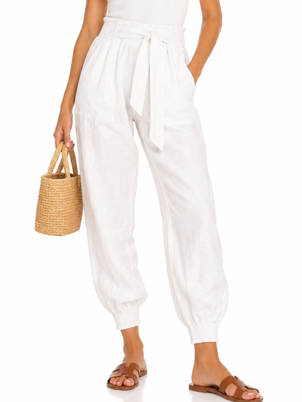 Sisley White 100% Linen Jogger Pants Belted High Rise Size S